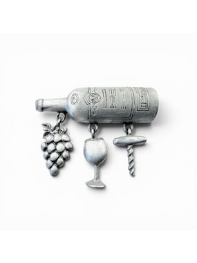 Vintage JJ Wine Bottle Brooch Dangle Charms Grapes Goblet Corkscrew Figural Pin